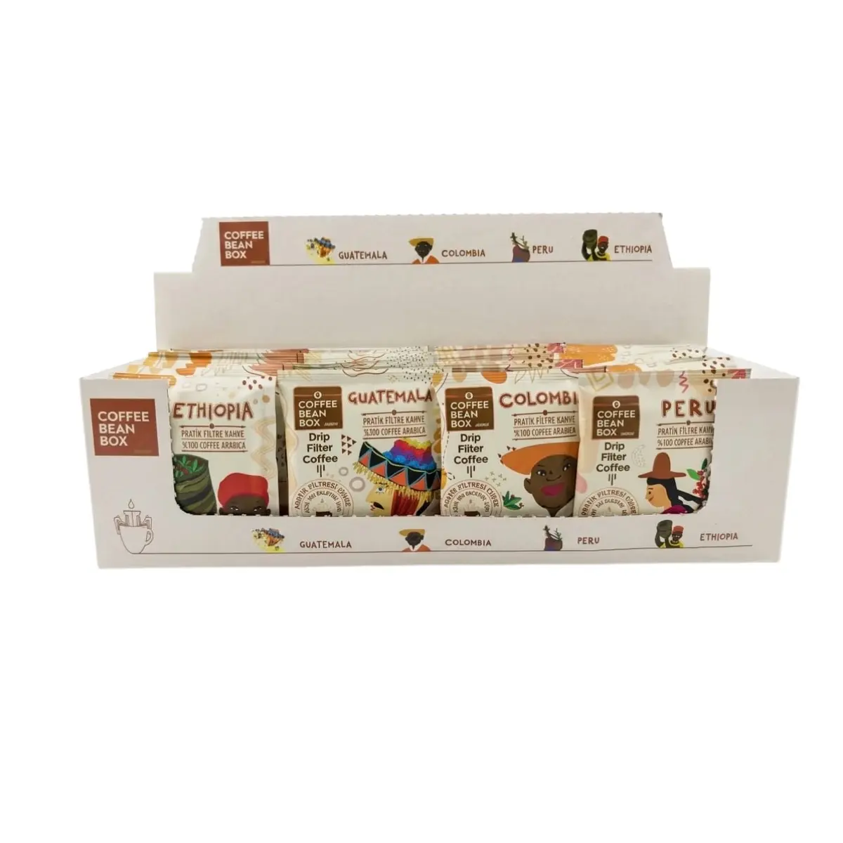 CoffeeBeanBox Pratik Filtre Kahve Fırsat Paketi 4 Yöre 40'lı (Ethiopia, Guatemala, Colombia, Peru)